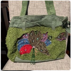 Green Floral Embellished Tote Bag